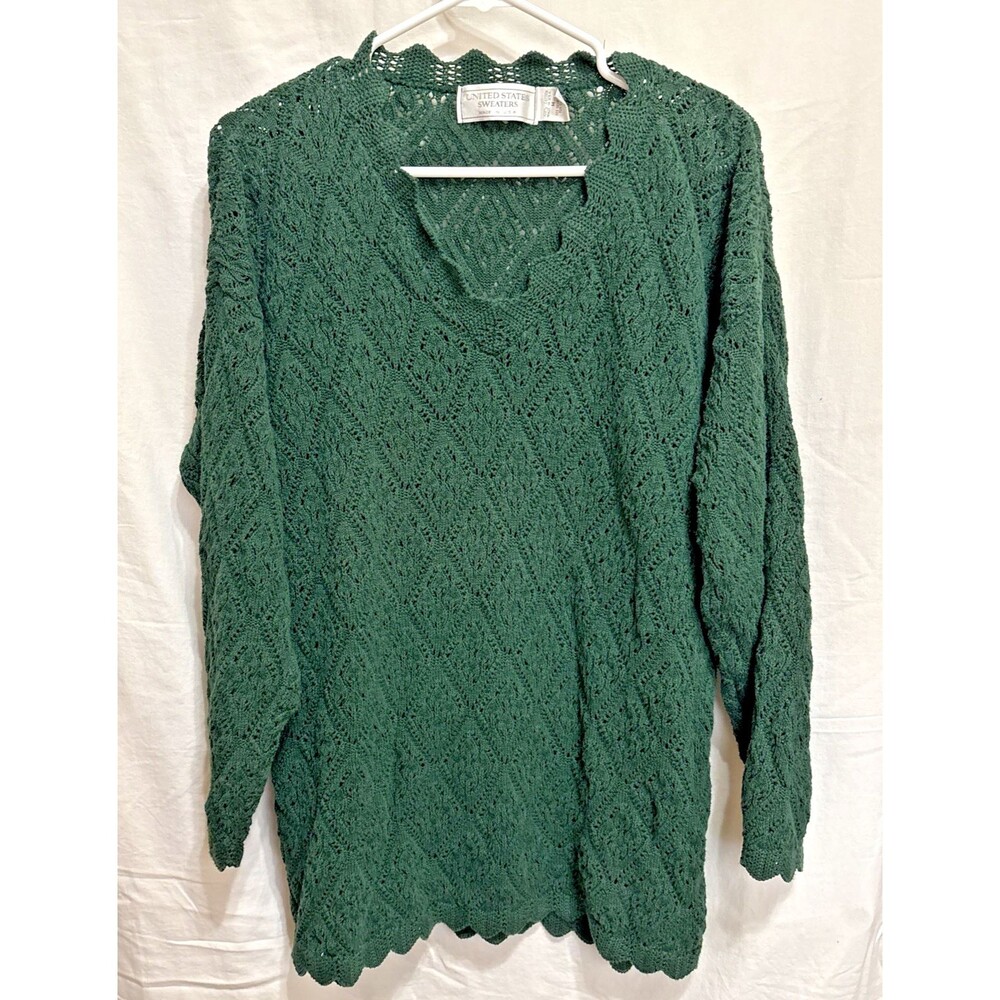 Vintage 90s Forest Green Openwork Sweater USA Made Scalloped Cottagecore Knit